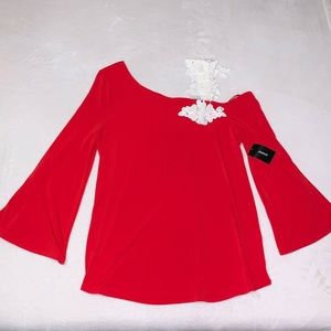 Alfani Red Long-Sleeve Blouse w/ White Lace Strap